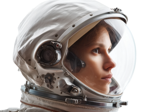 Focused young caucasian female astronaut in space helmet, gazing forward, cut out - Powered by Adobe