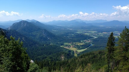 Mountain Hiking Adventure in June with Panoramic Views of Green Valleys and Clear Blue Skies