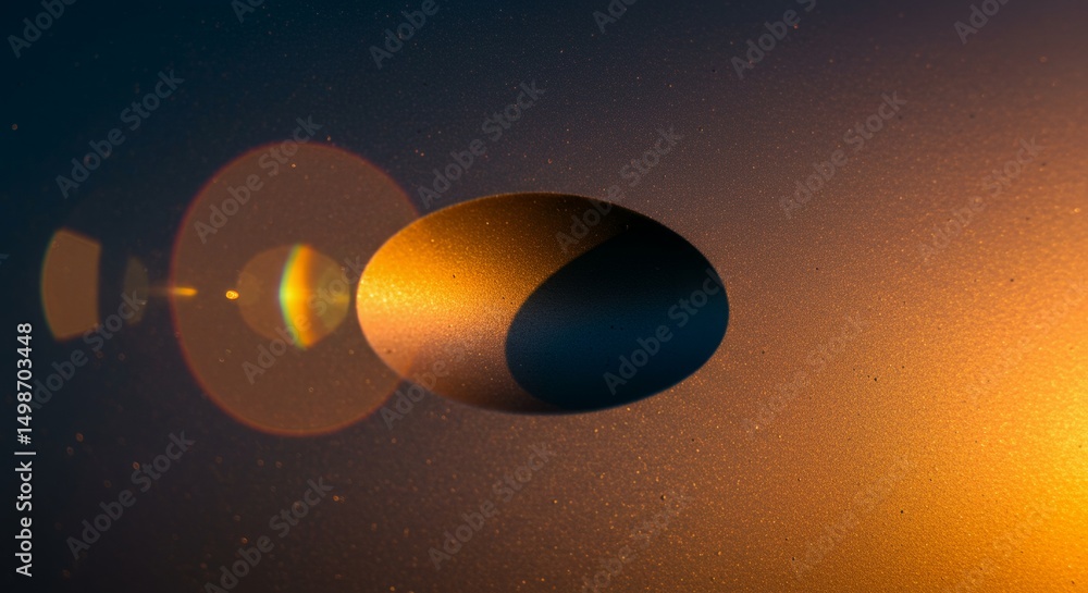 Poster floating spherical object glowing in dark space with particles and bright light emitting minimalist 