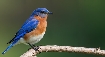 Eastern bluebird with vibrant blue feathers and orange breast perched on wooden branch against green background. Symbol of happiness and spring renewal
