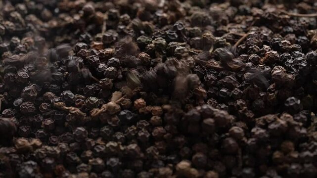 Organic black pepper kept on rotating disk. Macro video of black pepper.