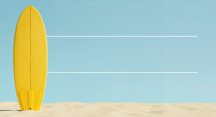 Yellow surfboard standing on sandy beach against blue background with white lines. Minimalist summer beach composition with copy space for surf and vacation promotions