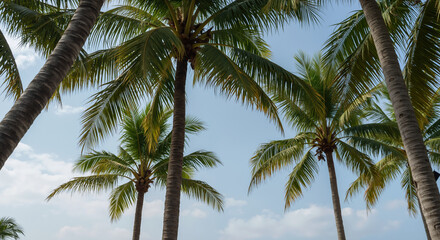 Tall palm trees with lush green fronds against blue sky with white clouds. Summer banner for tropical resorts, beach vacations and exotic travel destinations