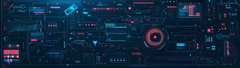 Detailed digital circuit board design with glowing elements.