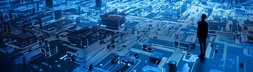 Silhouette of person standing on a complex technological network.