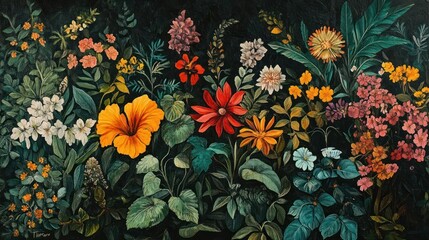 Nocturnal Bloom: A Lush Tapestry of Deep-Hued Flowers and Verdant Foliage