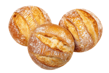 Three freshly baked crusty bread rolls on black background, cut out