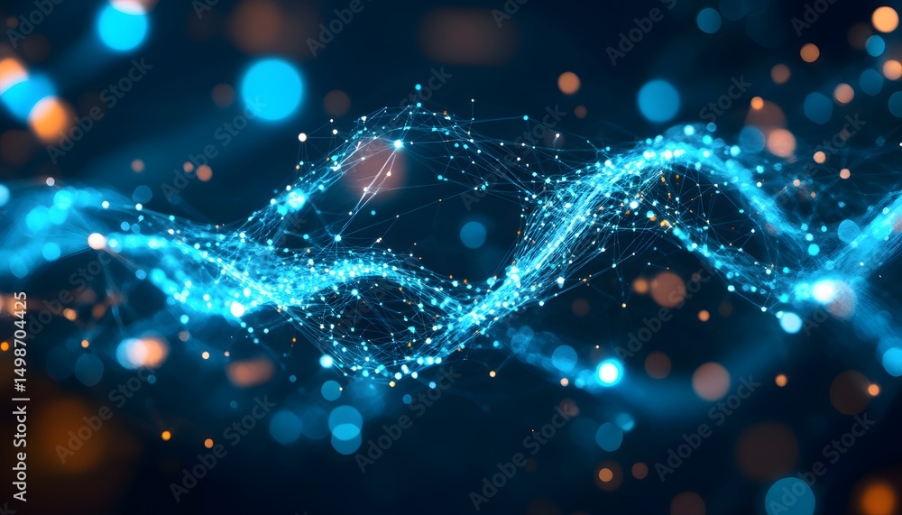Poster abstract digital network design with glowing particles.