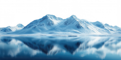 Stunning Snow Covered Mountains Reflected in Calm Water on transparent background