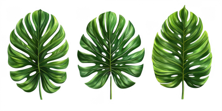 Three Lush Green Monstera Leaves on Transparent Background