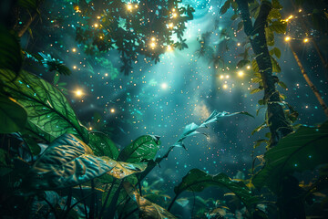 Obraz premium Mystical bioluminescent jungle glowing with teal and purple light beneath a starlit forest canopy.