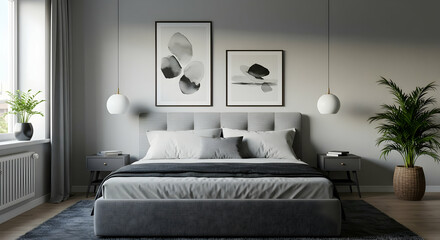 Modern minimalist bedroom interior design grey bedding calm atmosphere cozy home decor peaceful sleep serene space relaxing vibes stylish furniture