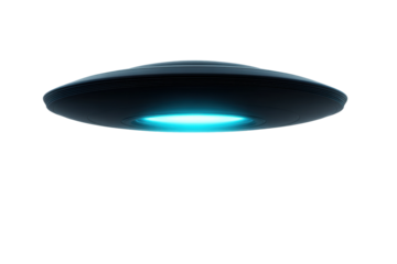 Sleek futuristic ufo with glowing blue light in the night sky, cut out
