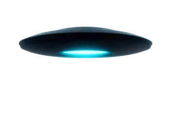 Gordijnen Sleek futuristic ufo with glowing blue light in the night sky, cut out © Mr. Png