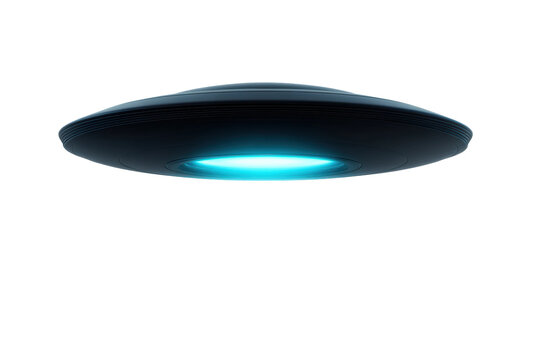 Sleek futuristic ufo with glowing blue light in the night sky, cut out