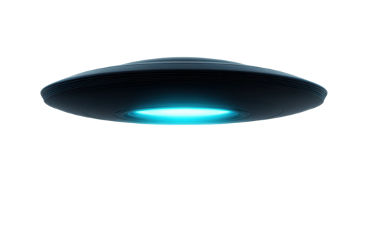 Sleek futuristic ufo with glowing blue light in the night sky, cut out