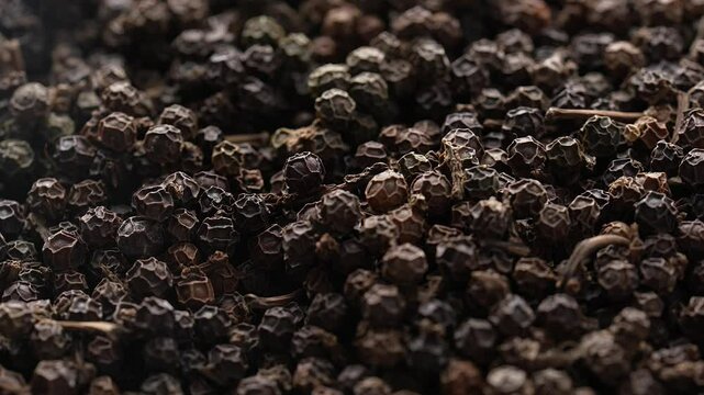 Organic black pepper kept on rotating disk. Macro video of black pepper.