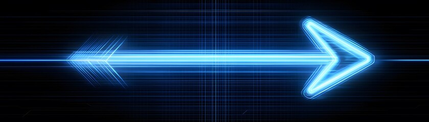 Neon blue arrow symbol on a dark background.