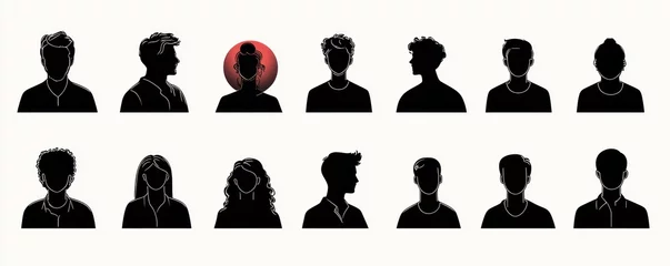 Row of fifteen diverse black silhouette human profiles and busts on white background with one profile highlighted by a red circular glow
