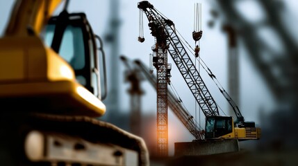 Construction equipment at a building site with cranes and excavators working on urban development and industry infrastructure