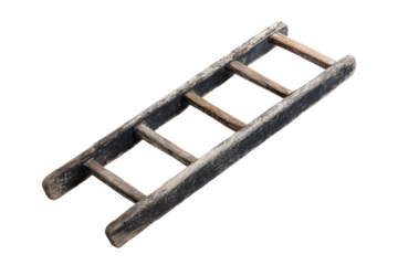 Aged wooden ladder with four rungs on black background, cut out