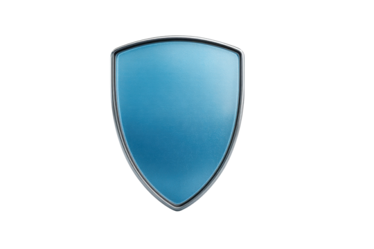 Blue metallic shield on black background symbolizing strength and protection, cut out