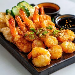 Golden Fried and Tempura Shrimp Platter with Cucumber and Dipping Sauces