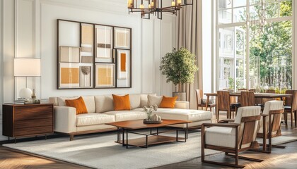 Bright and airy living room with beige sectional sofa, orange pillows, wooden coffee table, and large artwork on the wall. Natural light streams through the large window. Mid century modern style.