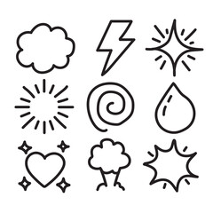 Collection of cartoon effects icons, black color on white background. Vector illustration.