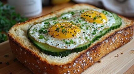 Toast with cucumber and fried eggs topped with herbs on wood board