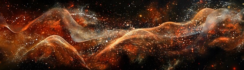 Abstract cosmic waves of orange and gold hues against a dark background.