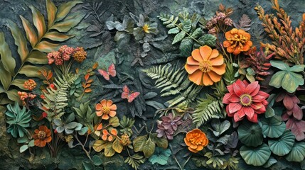 Intricate Floral Composition: A Tapestry of Sculpted Blooms and Lush Foliage