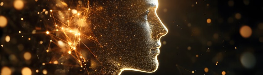 Profile view of a digital face, illuminated by glowing particles.