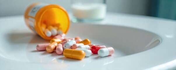 Close-up of various prescription pills scattered on a white bathroom sink, next to a glass of water and a toothbrush  A reflection is visible in the polished surface ,  vitamins,  overdose,  bathroom