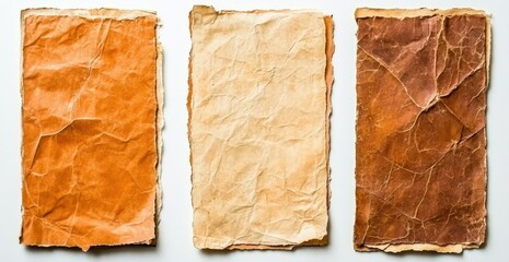Three Textured Aged Papers Brown Beige Tones White Background