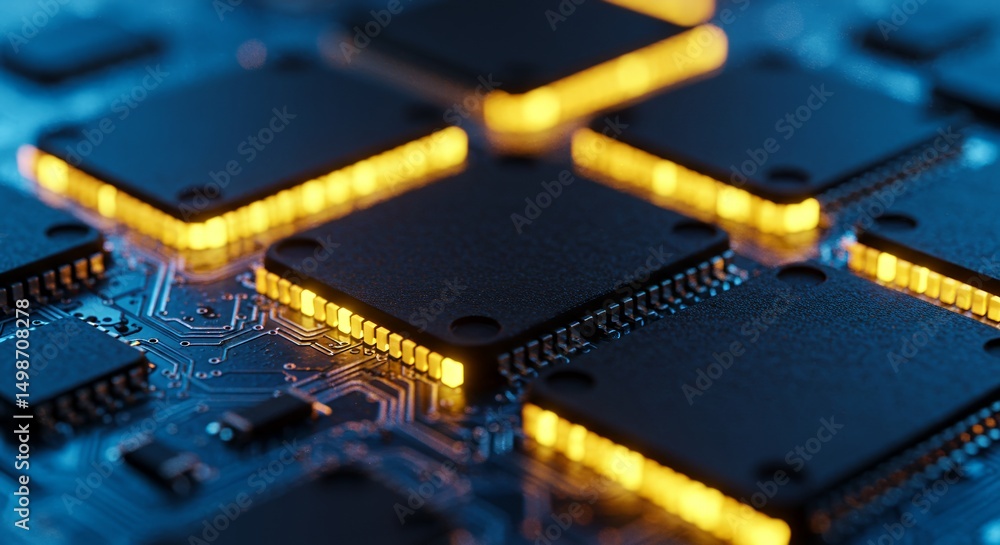 Poster close up of electronic circuit board with microchips and golden light emitting from processors featu