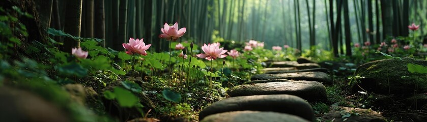 Obraz premium Bamboo forest for peaceful meditation and harmony concept. A serene pathway surrounded by blooming flowers and bamboo trees.