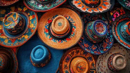 Colorful hand-painted straw hats, close-up