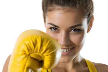 Smiling young caucasian female boxer with yellow gloves, cut out