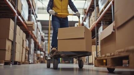Portrait of a worker in Wearhouse pushes hand truck with a copy space, Generative AI.