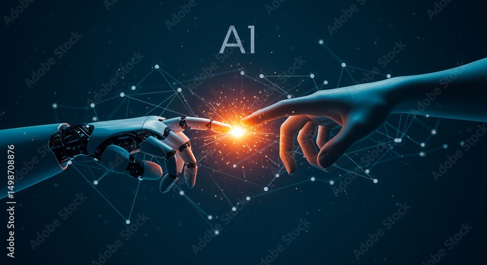 Poster ai technology concept with robot and human hands touching with digital network on dark blue backgrou