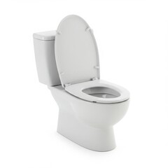A white ceramic toilet with the lid open against a plain white background view