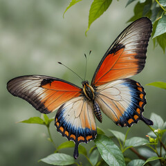 a beautiful butterfly with vibrant orange and blue wings. The butterfly is perched on a green leaf, 