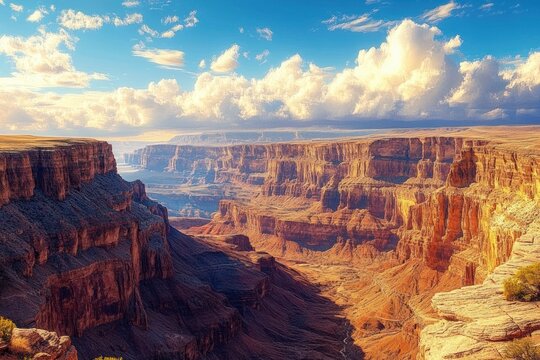 Vast sunlit canyon landscape with steep rocky cliffs and dramatic clouds under bright blue sky - Powered by Adobe