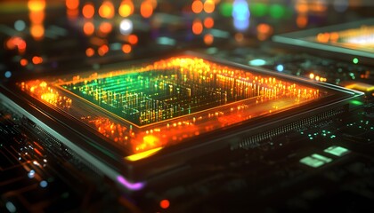 Obraz premium Close-up view of a glowing computer chip.