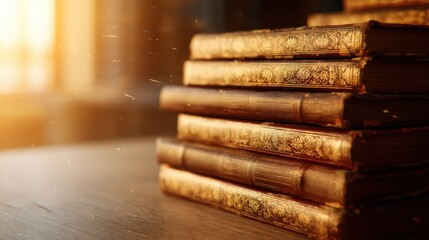 Stacked vintage books on a wooden table with warm sunlight illuminating the scene