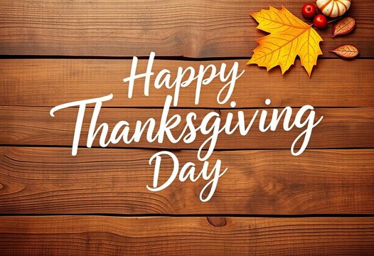 Elegant handwritten calligraphy "Happy Thanksgiving Day" on rustic wood background ,  thanksgiving card,  texture