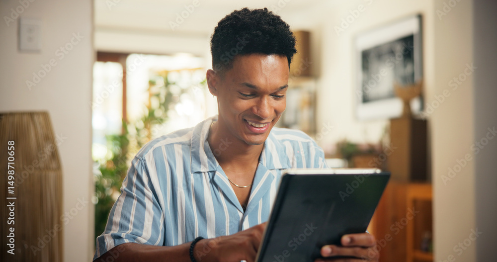 Poster tablet, freelancer and scroll with man in home for virtual assistant, schedule appointment and admin