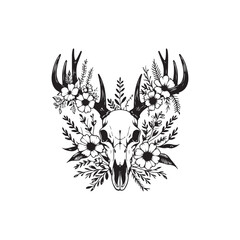 Deer Skull with Antlers &ndash; Bold Black and White Line Art Vector Illustration


