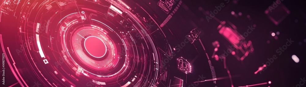 Poster circular digital interface design with glowing elements.